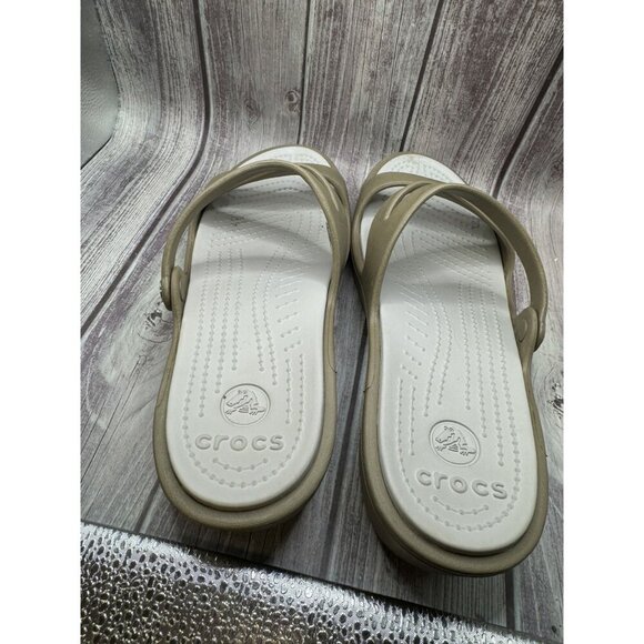 Crocs Patricia Two Toned Taupe Low Wedge Slip On Sandal Women's Size 10 - Picture 8 of 11